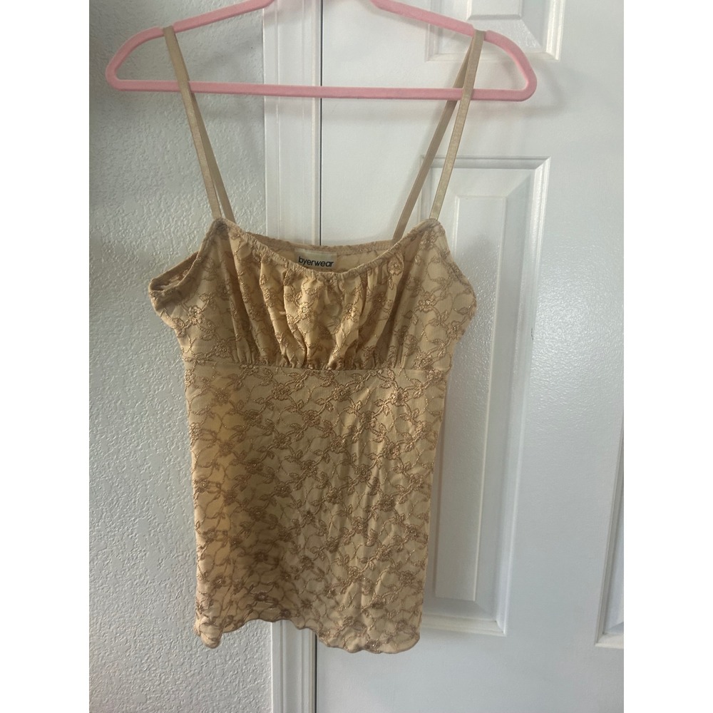Byerwear Vintage Gold Metallic Floral Lace Camisole Top Tan Y2K Empire Waist L